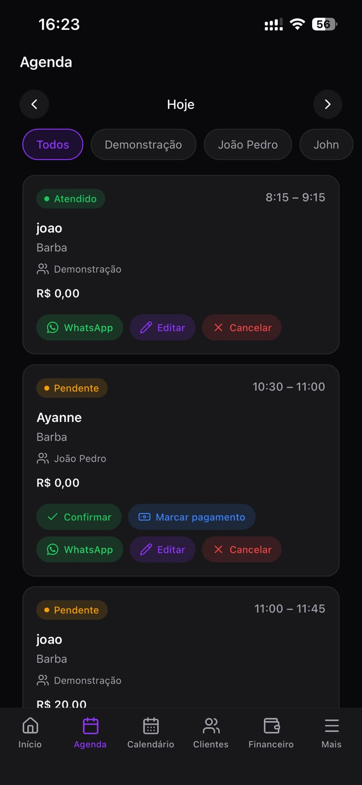 Tela de agenda do app Marque AI com os horários do dia