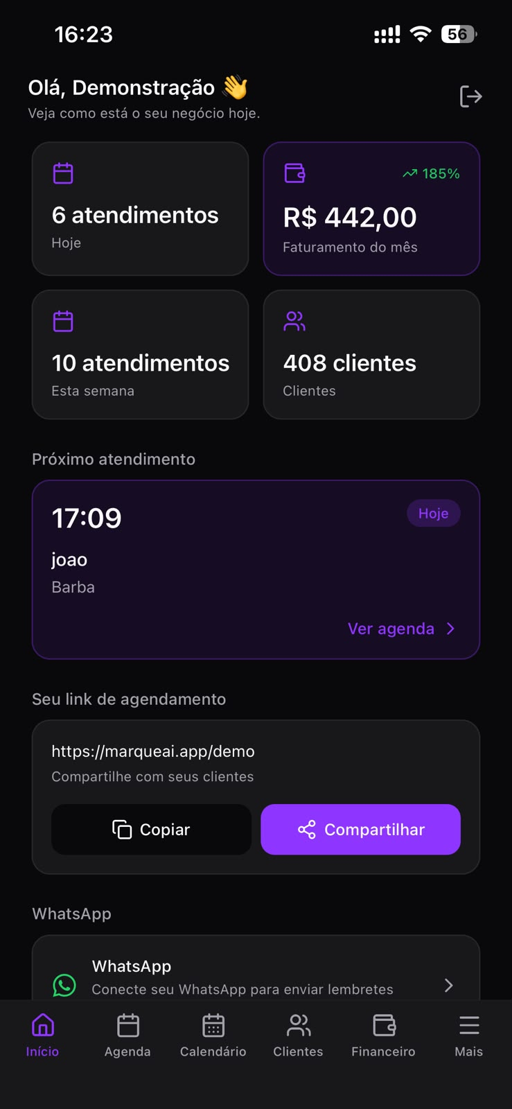 Tela inicial do app Marque AI com resumo de atendimentos e faturamento