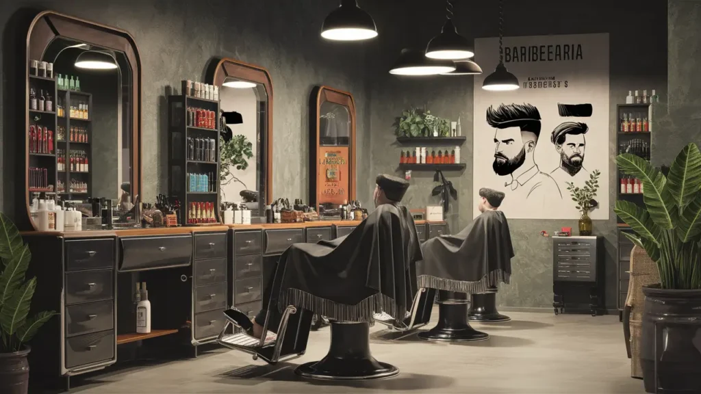 Barbearia moderna com cadeiras pretas, espelhos grandes e produtos de cabelo organizados em prateleiras de vidro.
