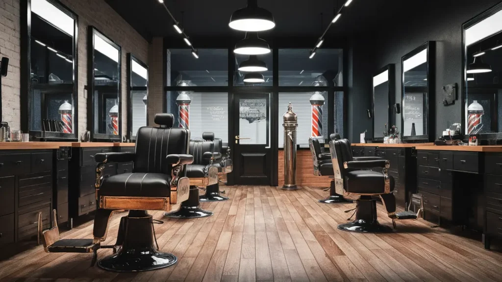 Barbearia moderna com cadeiras de couro preto, espelhos grandes, piso de madeira e um poleiro de barbeiro vintage.