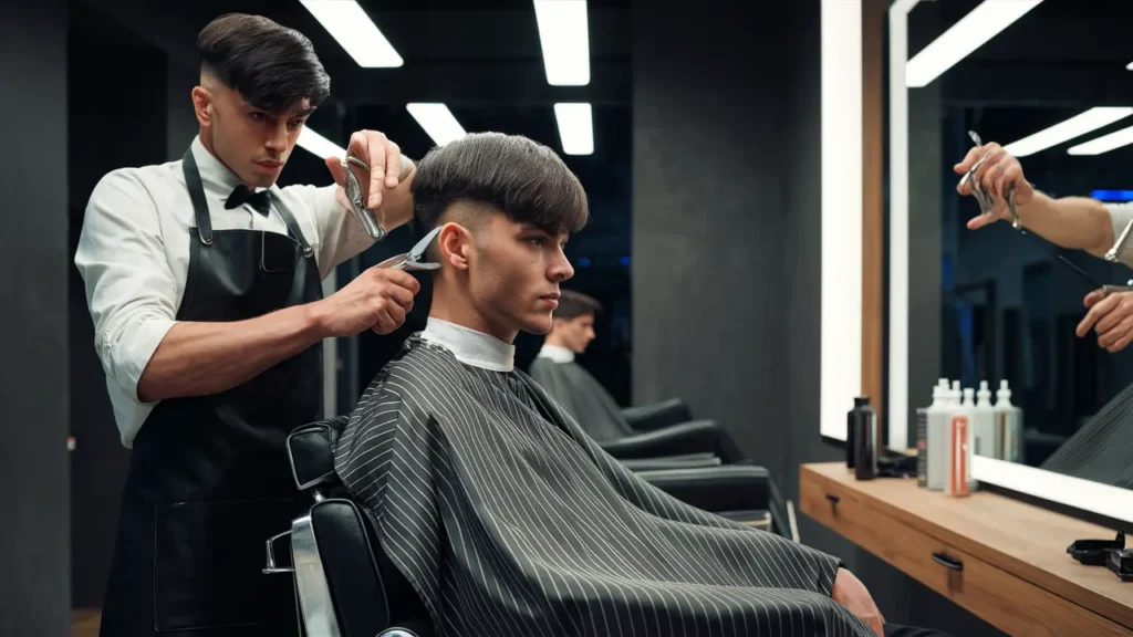 Jovem com corte mullet moderno sendo atendido em barbearia contemporânea.