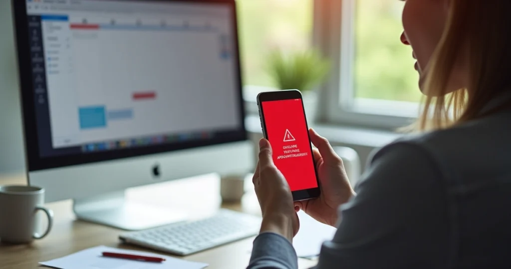 Cliente frustrado tentando agendar online no celular, com tela mostrando erro de agendamento