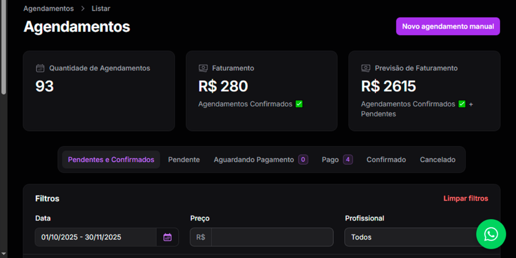 Tela de agenda digital exibindo notificações de lembretes e confirmações de agendamentos online para profissionais autônomos